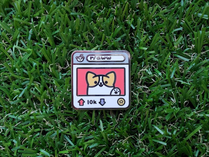 Reddit r/aww shiba upvote downvote 1.5" Enamel Pin, subreddit reddit gold