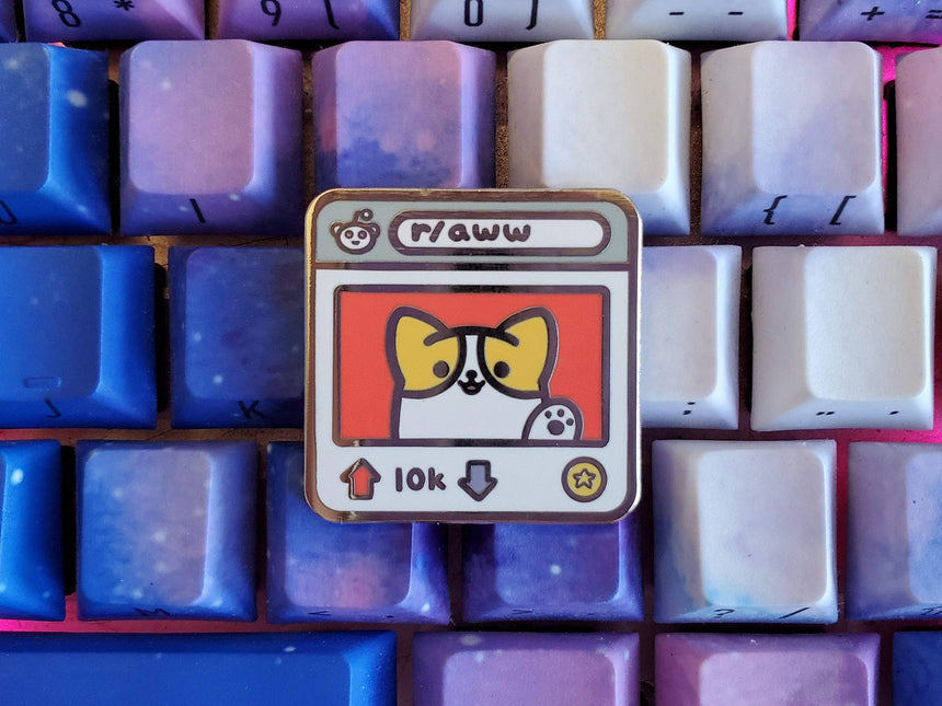 Reddit r/aww shiba upvote downvote 1.5" Enamel Pin, subreddit reddit gold