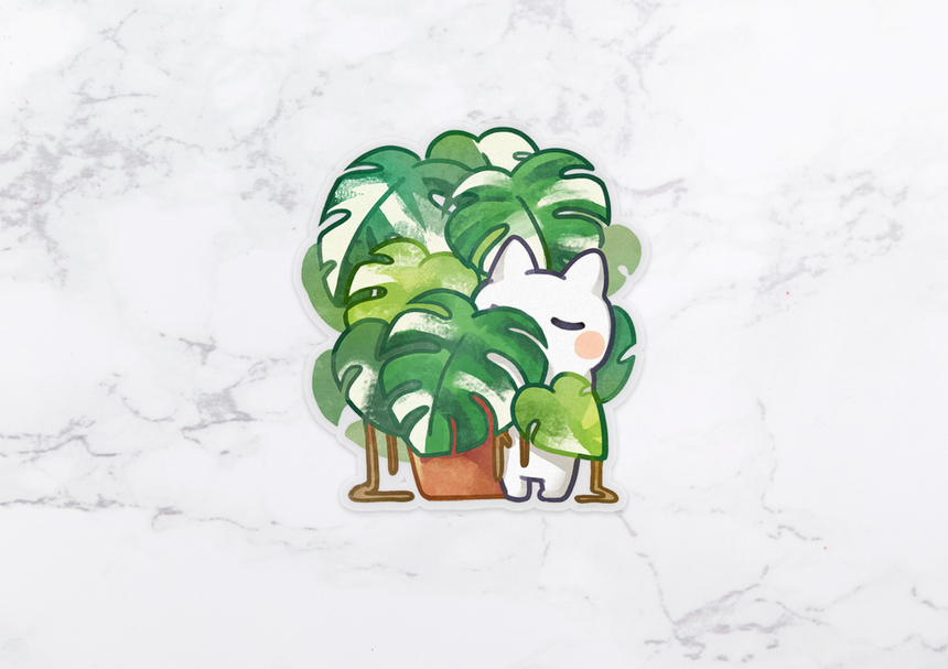 Variegated Monstera Albo 🍃  Plant Mom 3" Clear sticker  🍃 Rare plant collector kitty propagates a new rooted cutting!