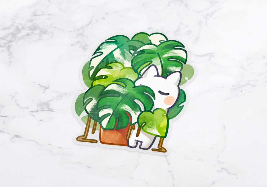 Variegated Monstera Albo 🍃  Plant Mom 3" Clear sticker  🍃 Rare plant collector kitty propagates a new rooted cutting!