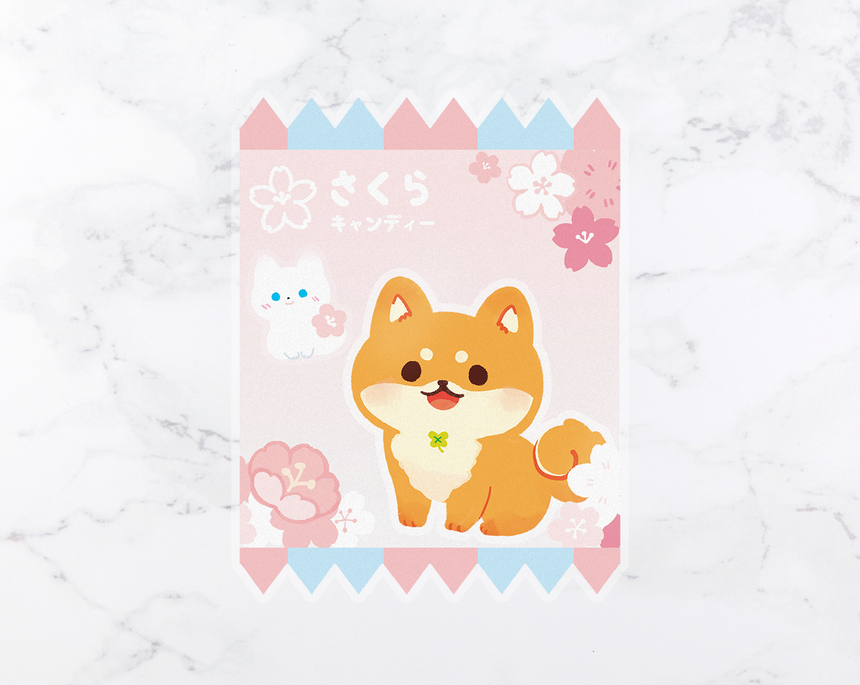 Shiba Sakura Candy 3" Sticker | Japan Kawaii Shiba Inu spring cherry blossoms