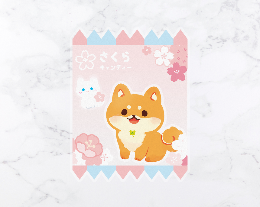 Shiba Sakura Candy 3" Sticker  |  Japan Kawaii Shiba Inu spring cherry blossoms