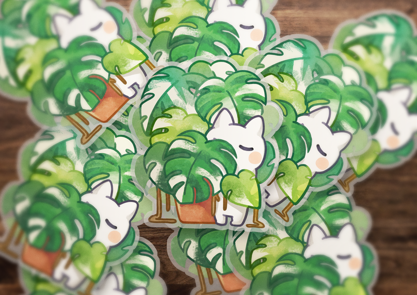 Variegated Monstera Albo π Plant Mom 3" Clear sticker π Rare plant collector kitty propagates a new rooted cutting!