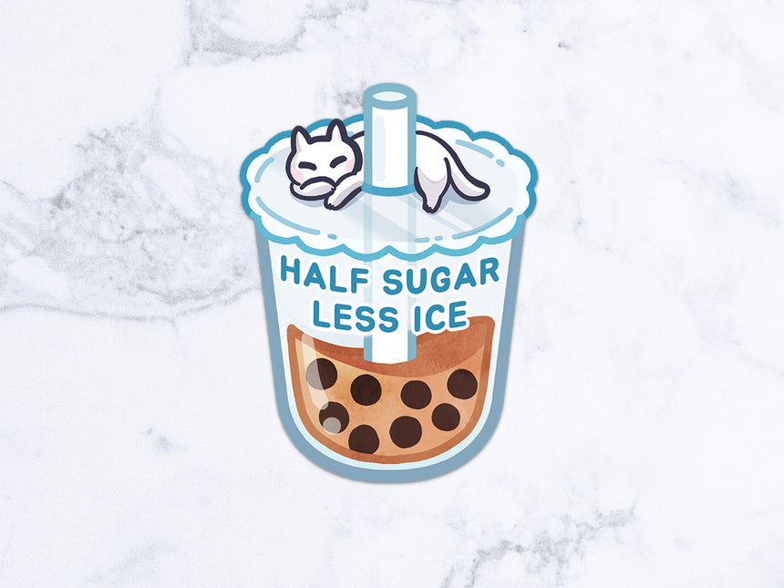 Boba Milk Tea Half Sugar Less Ice 3" Sticker with kawaii kitty