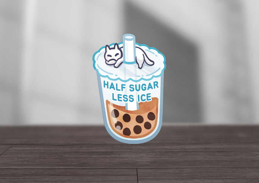 Boba Milk Tea Half Sugar Less Ice 3" Sticker with kawaii kitty