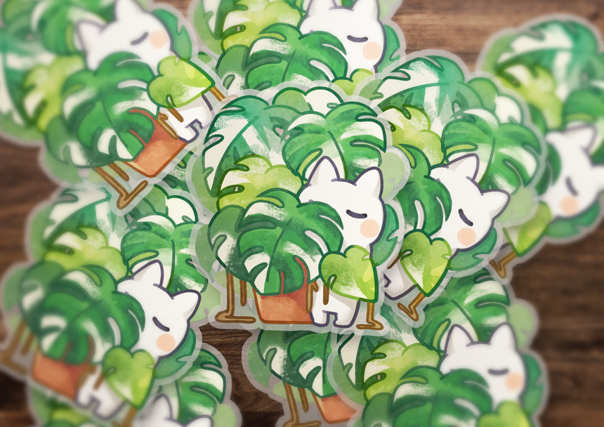 Variegated Monstera Albo 🍃  Plant Mom 3" Clear sticker  🍃 Rare plant collector kitty propagates a new rooted cutting!